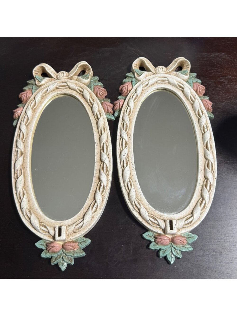 Vintage Oval Wall Mirrors With Floral Bow Design - Set Of 2 Decorative Accents
